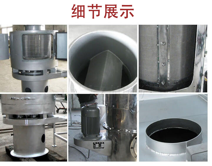 氣流篩主要結構展示：篩網，底座，電機，進料口展示。