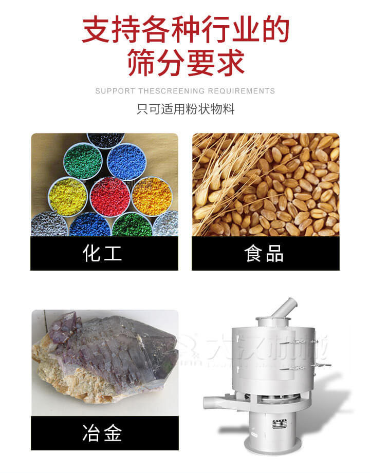 氣流篩用于礦粉，石墨粉，活性納米碳酸鈣，鋁灰，大豆粉，碳酸重鈣，石墨粉，木粉，干草，重金石粉，藥粉末，橡膠顆粒，草酸鹽，干料粉，木粉，聚酯粉，干粉，塑料，金屬粉末，橡膠粉，粉煤灰，石墨粉，陶瓷粉，鋅粉，石英粉，石灰粉，鐵粉，金屬硅粉等。
