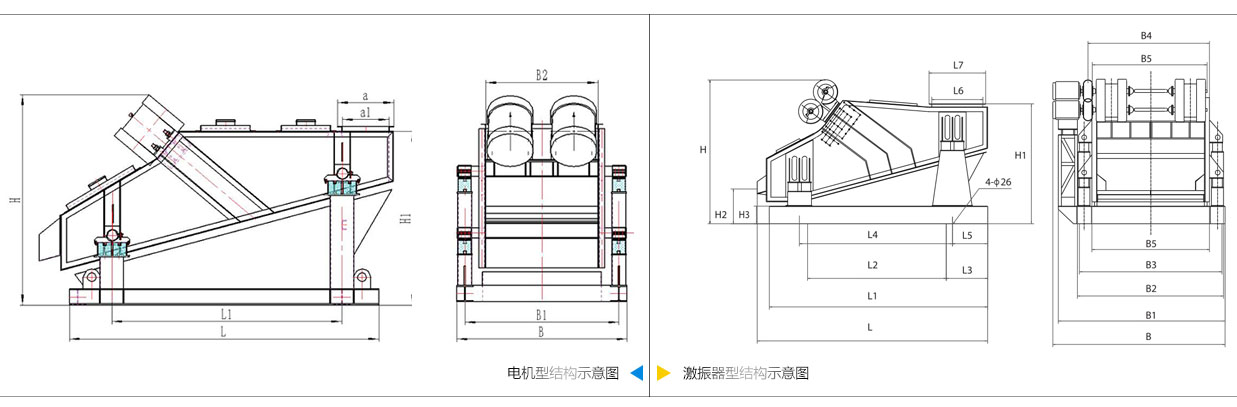 礦用振動篩電機振動式和激振器振動式的內部結構尺寸圖。